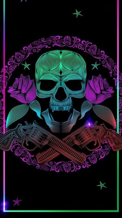 Neon Skull and Roses Revolver Mobile Background Wallpaper
