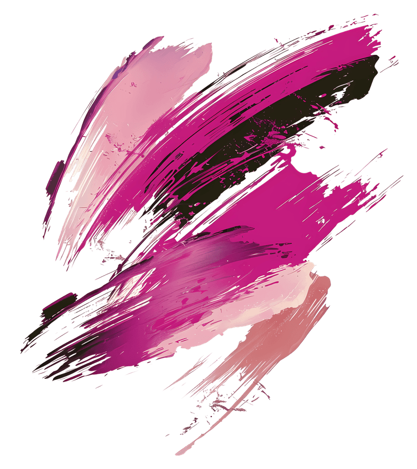 Pink brush strokes show thick paint texture and gestural marks over a white woven canvas grain background.