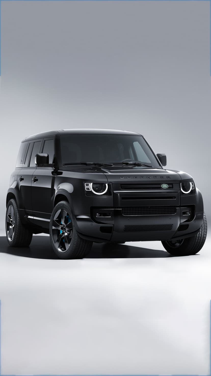 Front view of a black Land Rover Defender SUV with glowing LED headlights in a bright studio environment.