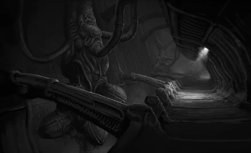 Dark biomechanical hallway with rib-like structures, organic tubes, and a spotlight on a metal walkway.