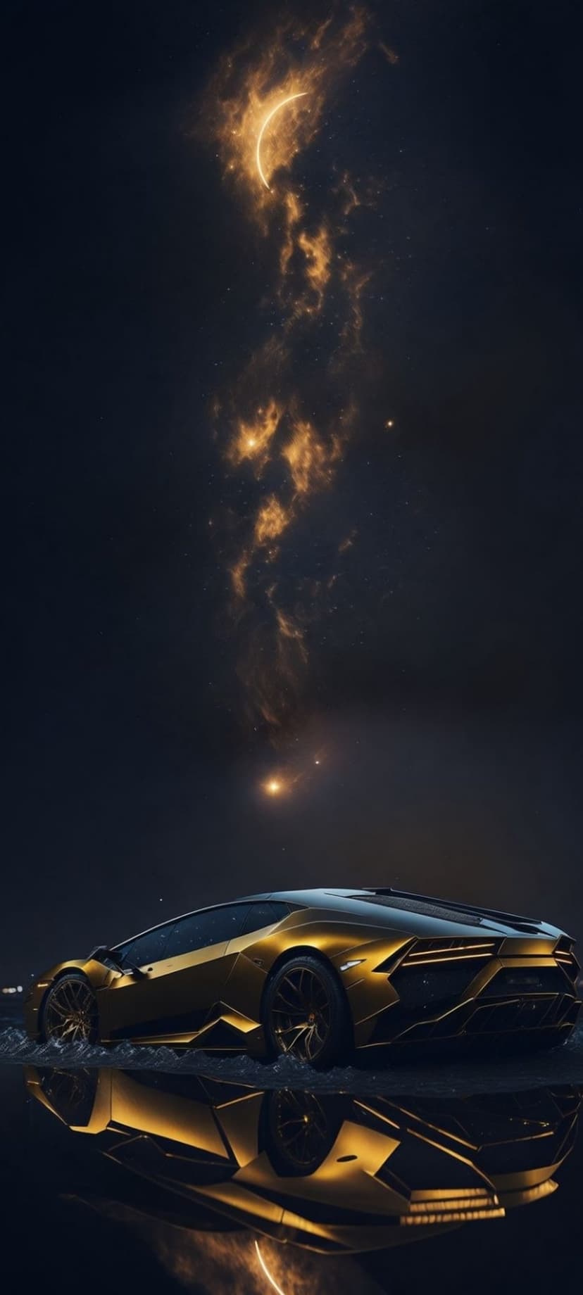 Golden Lamborghini supercar parked on a reflective surface beneath a vibrant purple and blue cosmic nebula.