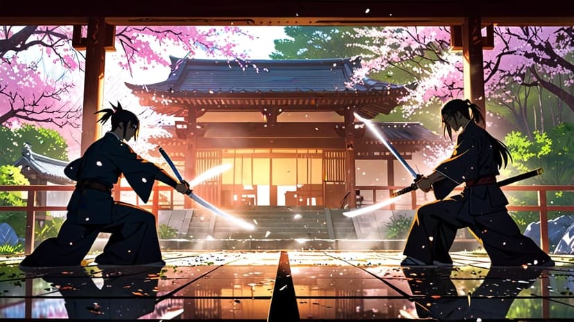 Two samurai warriors clash katanas in a blooming cherry blossom garden with a pagoda silhouetted against a sunset.