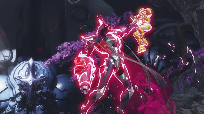 Raven Beak lifts Samus Aran by her neck surrounded by intense magenta energy in a dark alien environment.