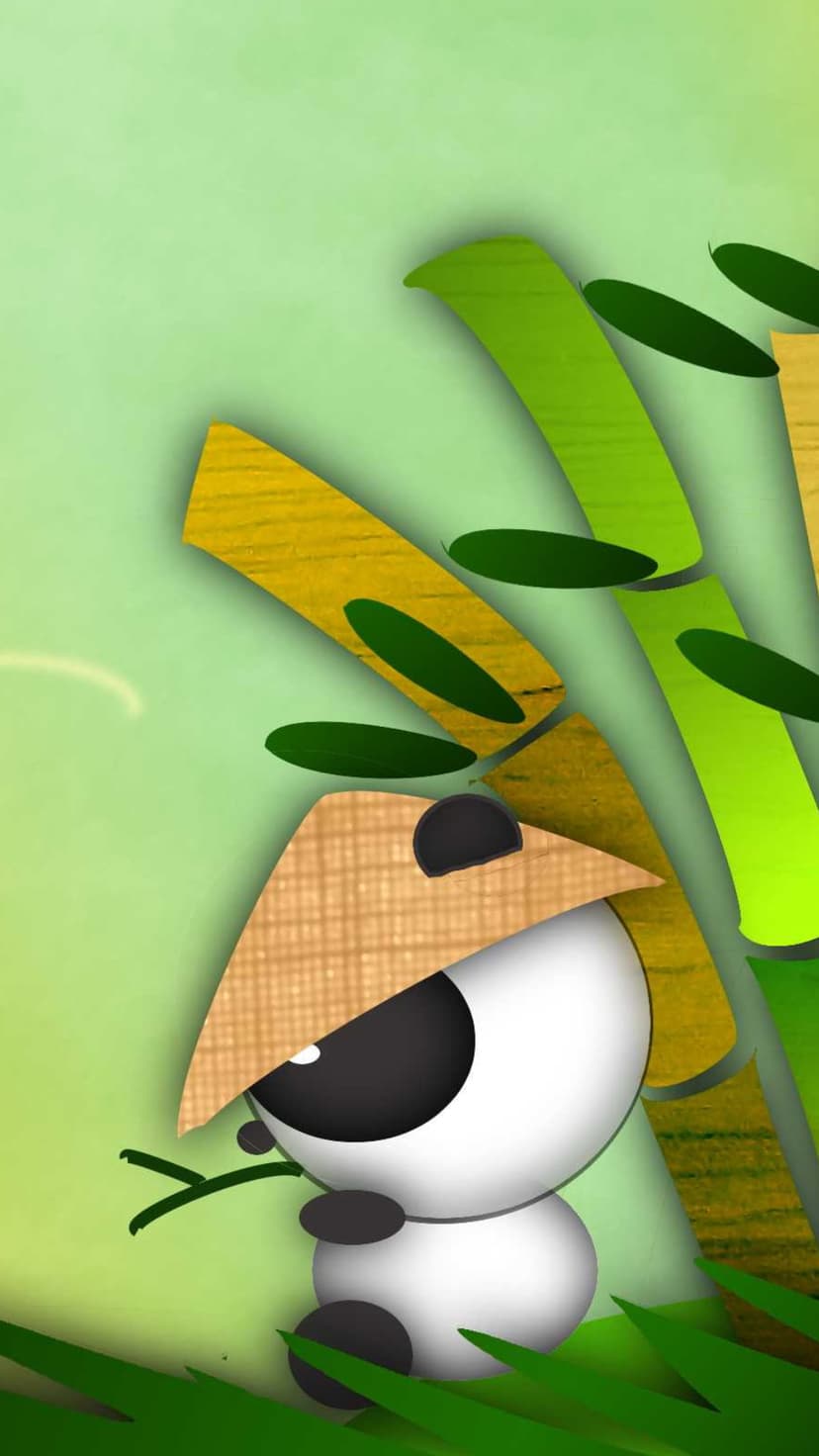 Small panda wearing a conical hat peeks through green bamboo stalks against a soft pastel backdrop.