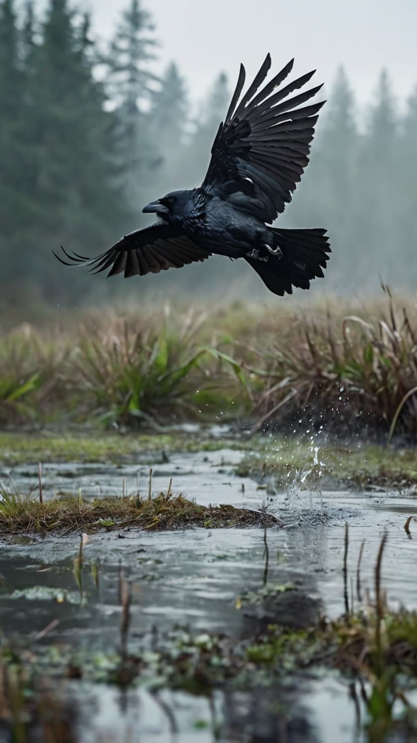 Black raven spreading its wings while taking flight over a splashing marsh surface in a foggy forest.