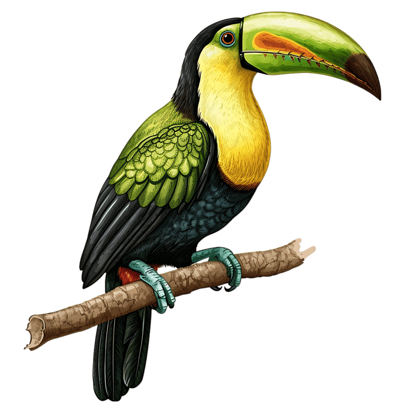 Keel-billed toucan with vibrant multicolored beak perches on a textured wooden branch. Transparent background.