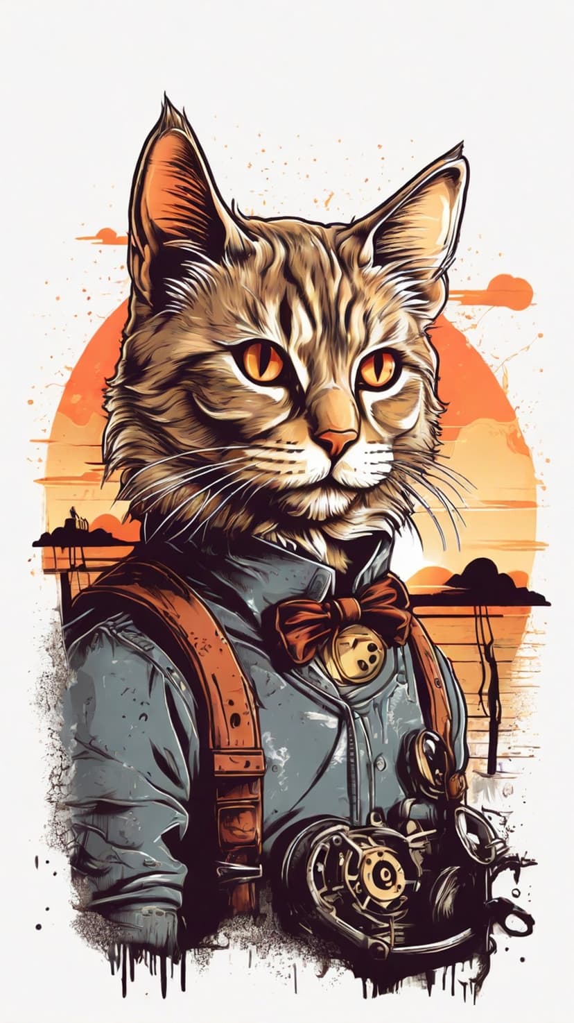Tabby cat in a bowtie and suspenders holding an antique camera against a colorful sunset with abstract splashes.