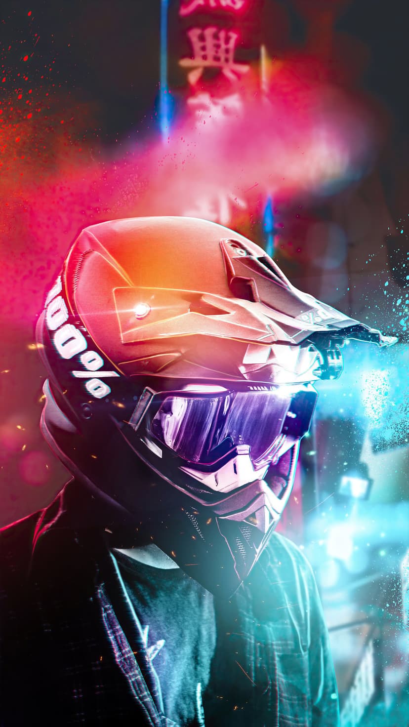 Motocross helmet with glowing neon visors reflects a rainy futuristic city with red and blue lights at night.