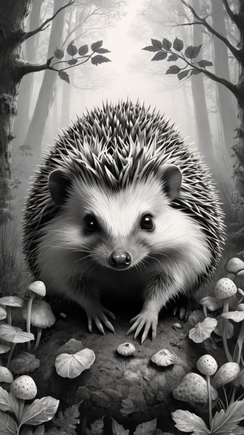 Hedgehog with detailed quills sits near mushrooms in a foggy, grayscale forest filled with ancient trees.