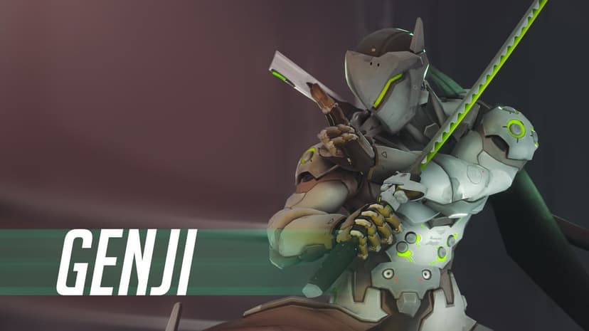 Genji from Overwatch in white cybernetic armor holding a glowing green katana against a dark red background.