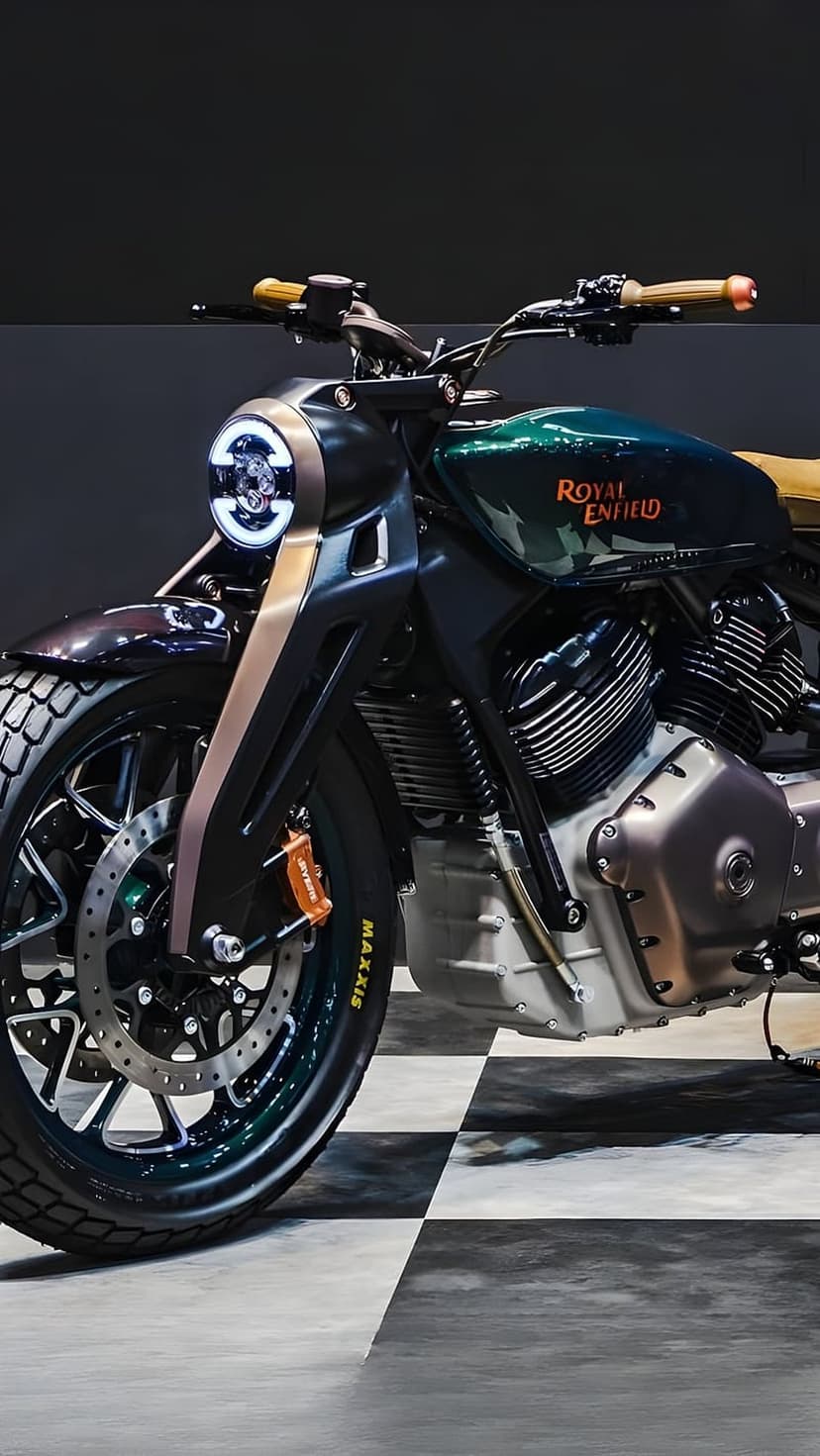 Royal Enfield custom motorcycle with a green fuel tank, LED headlight, and V-twin engine on a checkered floor.