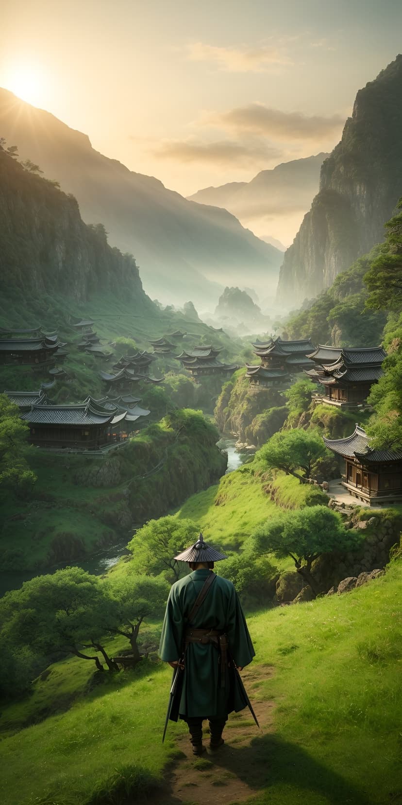 A lone samurai walks along a dirt path toward a mountain village shrouded in thick morning mist during sunrise.