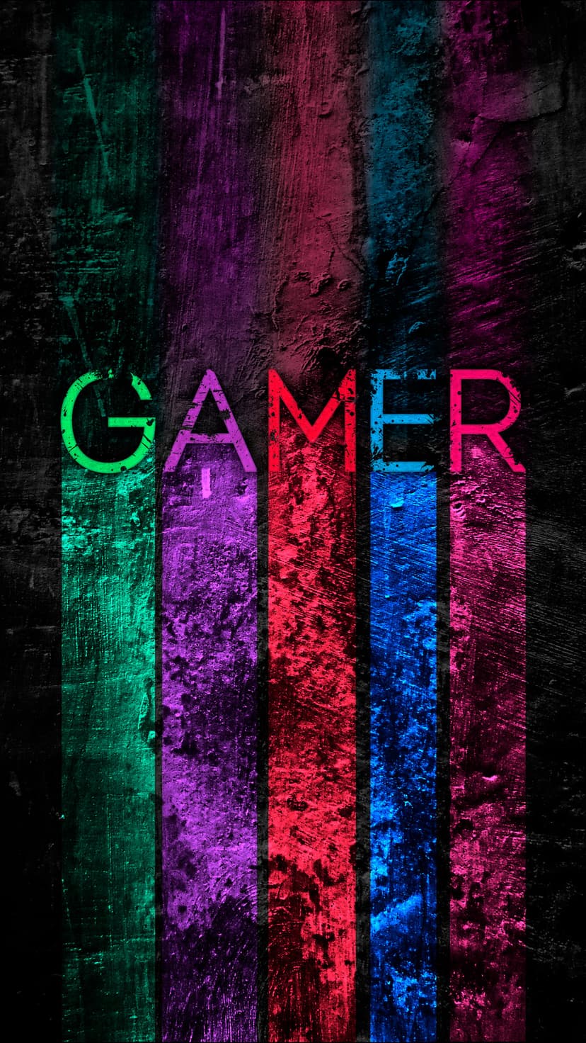 Neon GAMER text overlaid on vertical distressed stripes with a dark textured background for mobile screens.