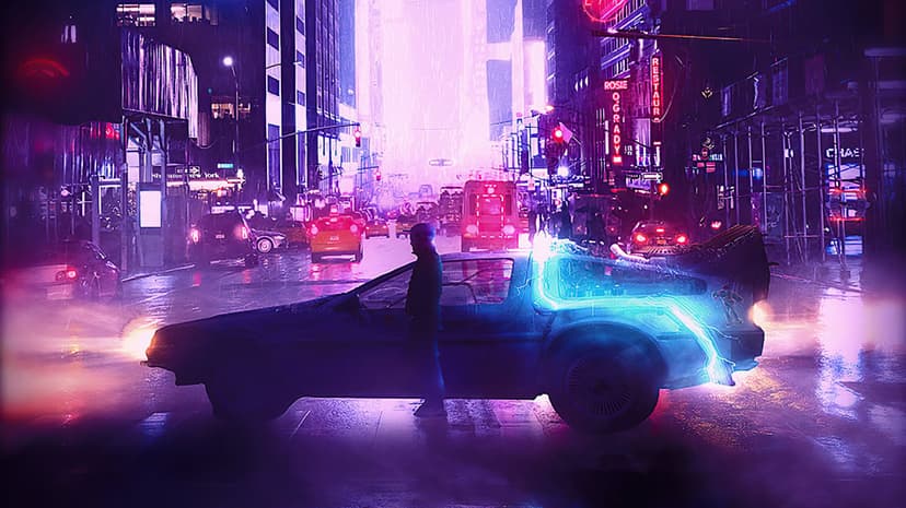 Man standing by a DeLorean car with glowing blue energy on a rain-slicked neon city street at night.