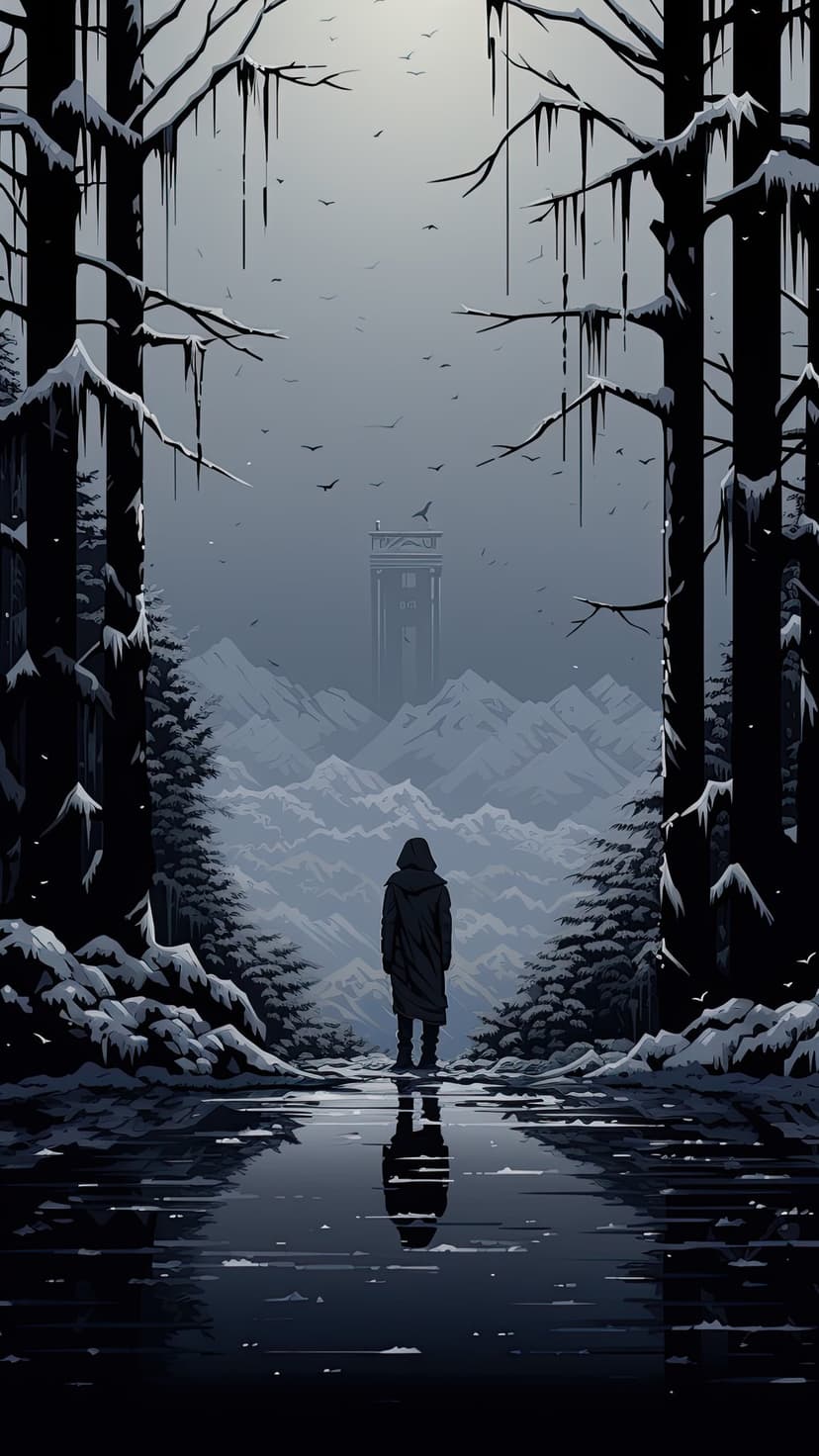 Hooded figure in a dark cloak stands by a frozen lake facing a distant stone tower and snowy mountains.