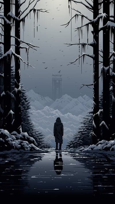Lone figure in snowy forest gazes at distant tower