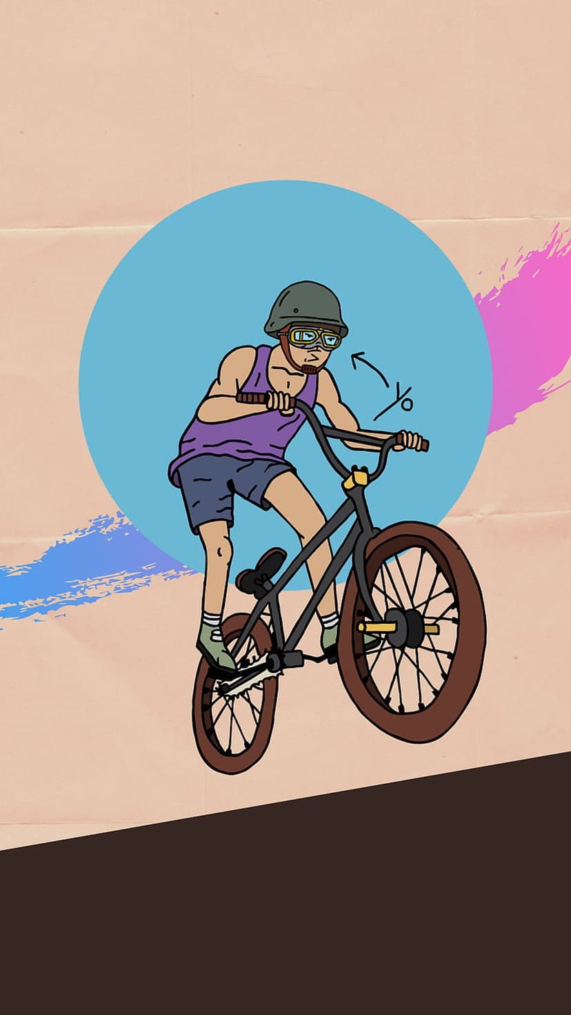 Young BMX rider in a helmet performs a mid-air bike trick against a pink background with blue circle accents.