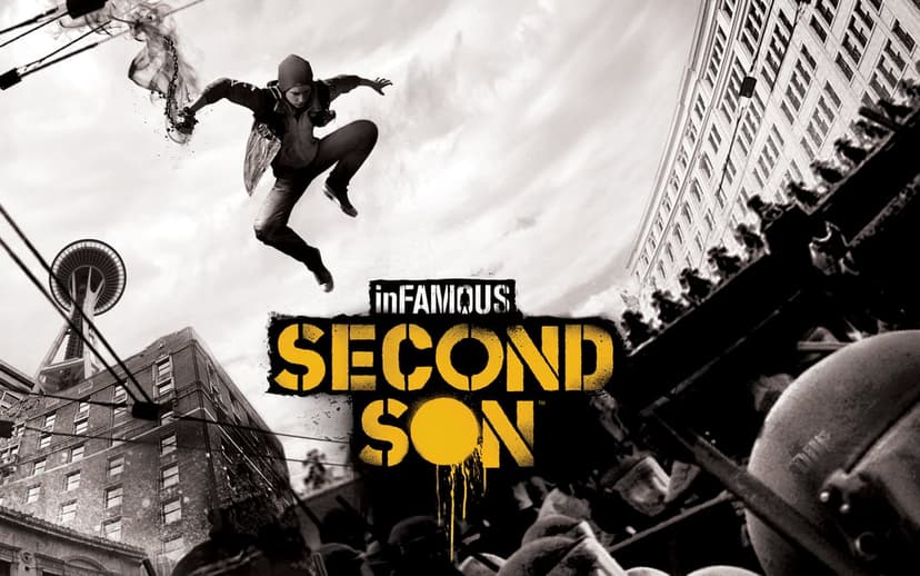 Delsin Rowe jumps with a glowing chain over Seattle city buildings with the Space Needle in the background.