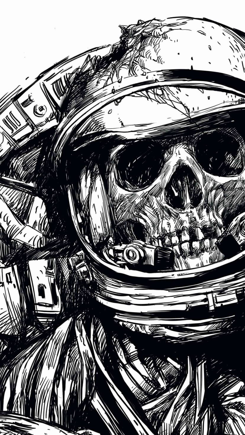 Skeletal skull wears a shredded astronaut helmet with intricate cross-hatching and deep black ink shadows.
