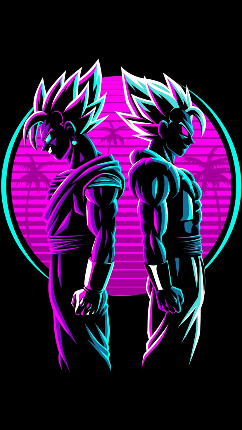 Goku Black in pink Rose form and a blue-haired Saiyan back-to-back against a neon purple sun and palm trees.