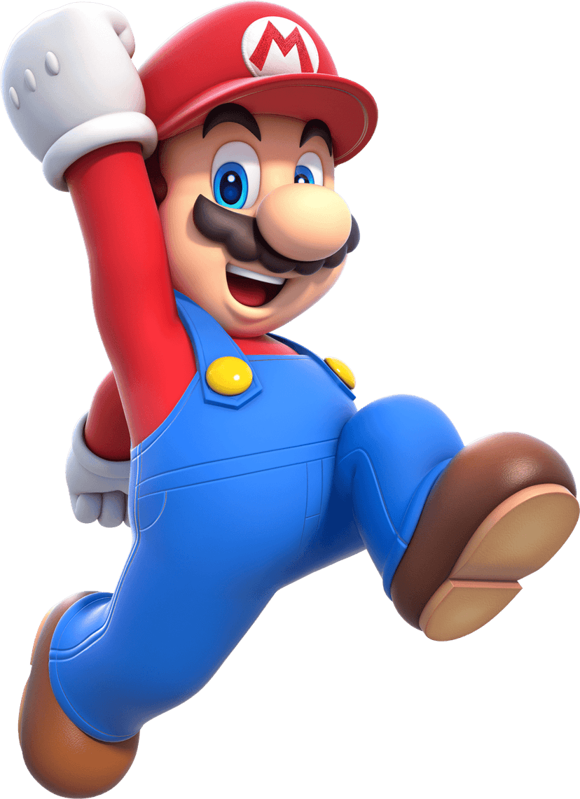 Super Mario character wearing a red cap and blue denim overalls standing in a classic frontal hero pose.