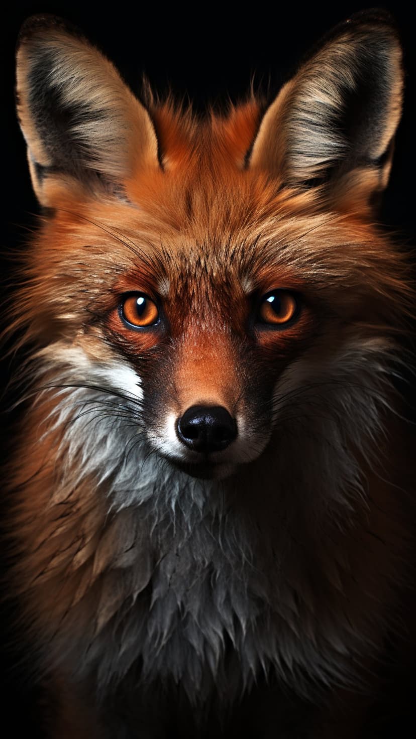 Red fox with intense orange eyes and auburn fur stares forward against a solid black background in close-up.