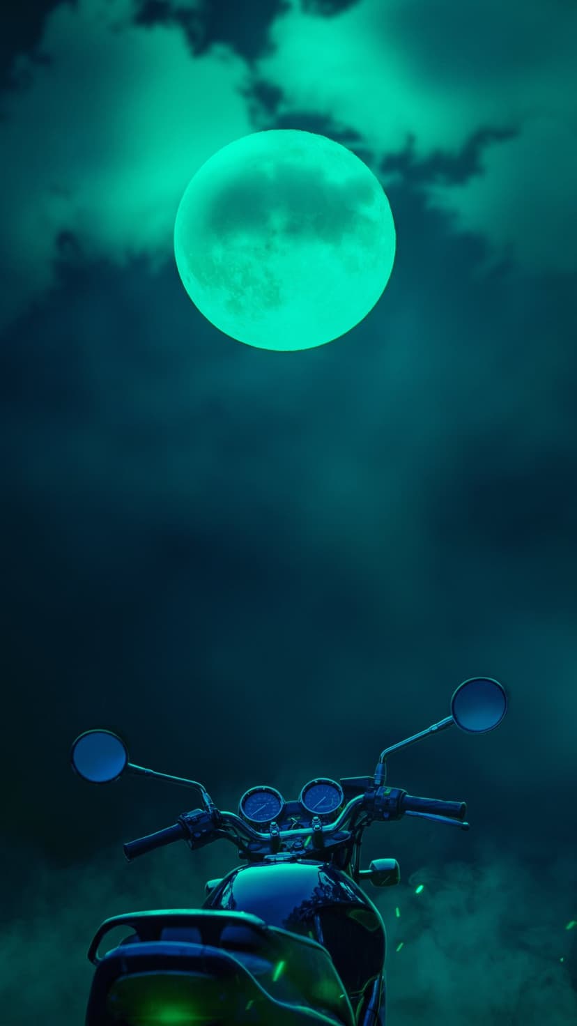 Custom motorcycle with glowing green lights sits beneath a massive teal moon against a dark, cloudy night sky.
