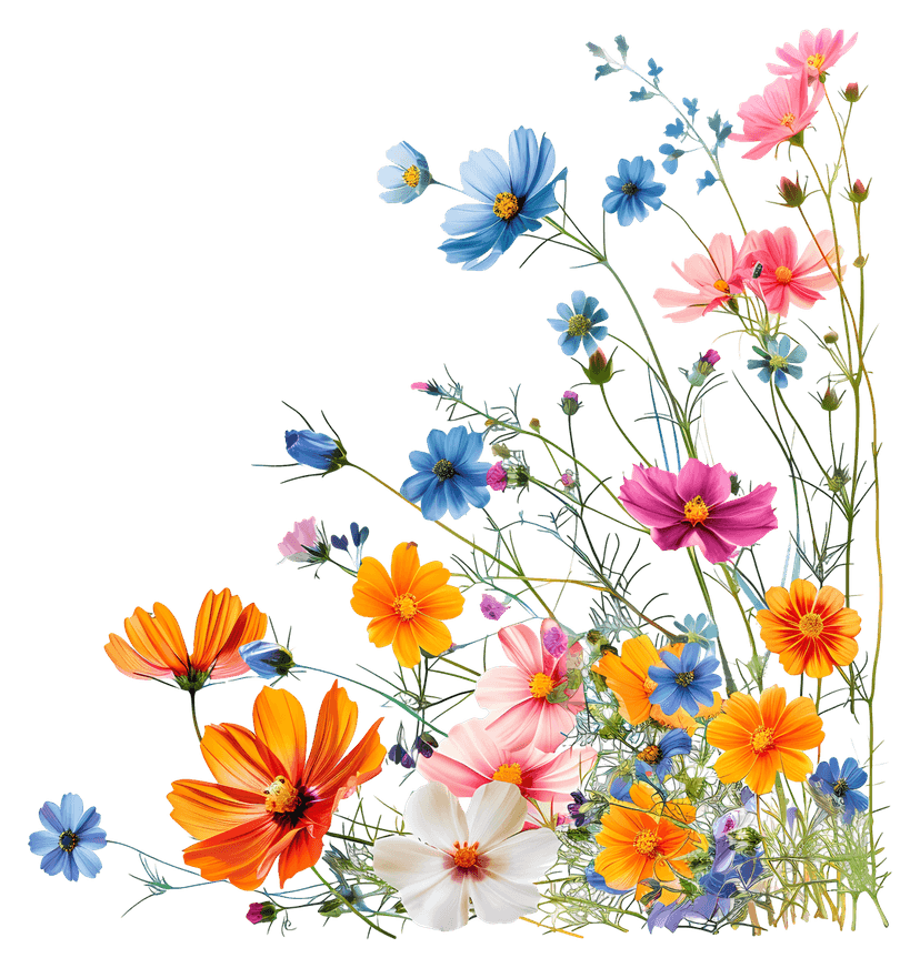 Wildflower meadow illustration featuring multi-colored petals and green foliage against a transparent background.