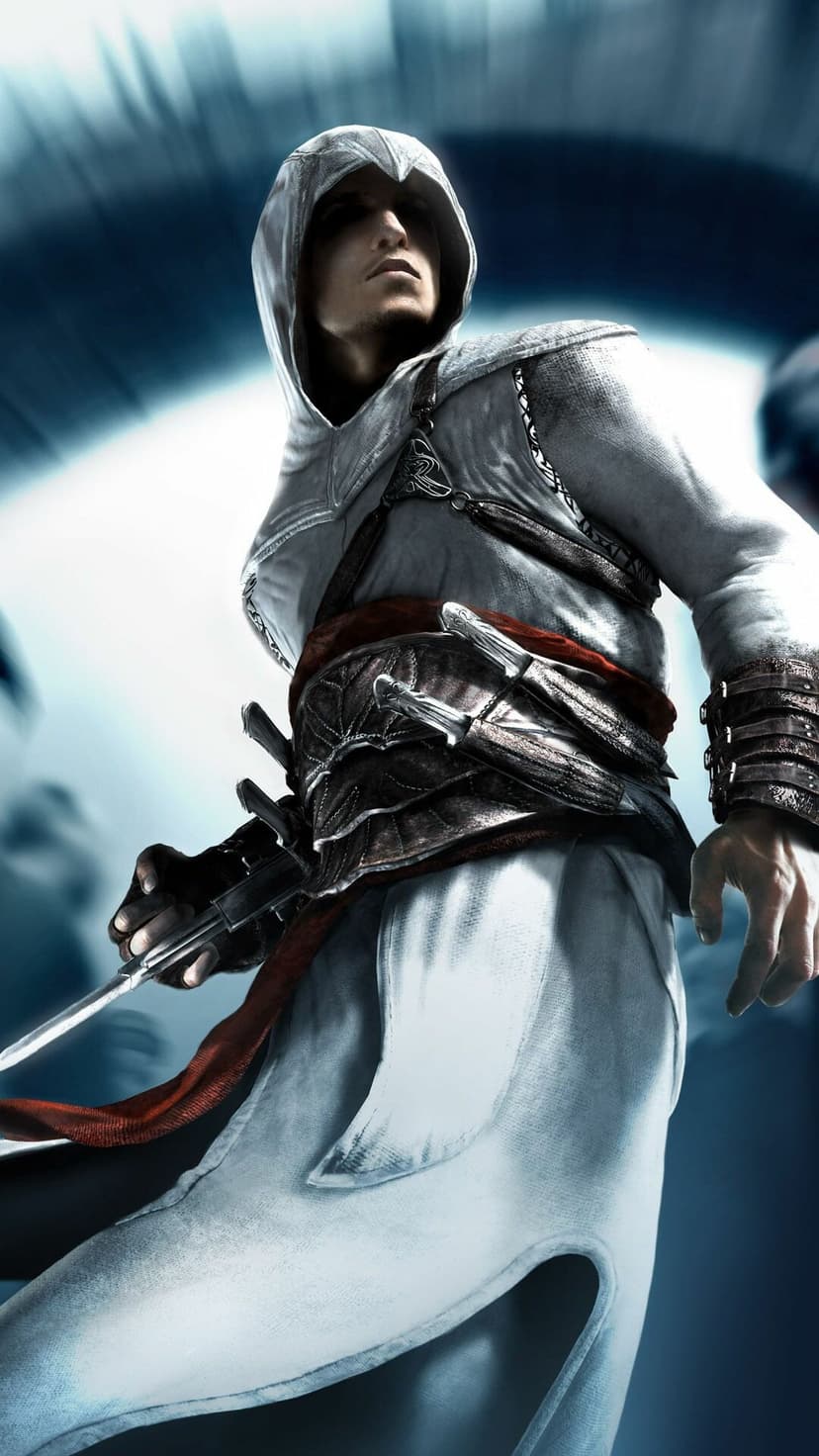 Altaïr in white robes with a hidden blade and throwing knives against a blurred blue background.