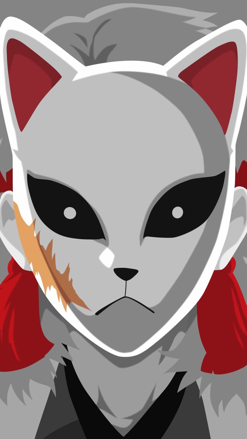 Sabito wears a white fox mask with red facial markings and a cheek scar against a light gray background.