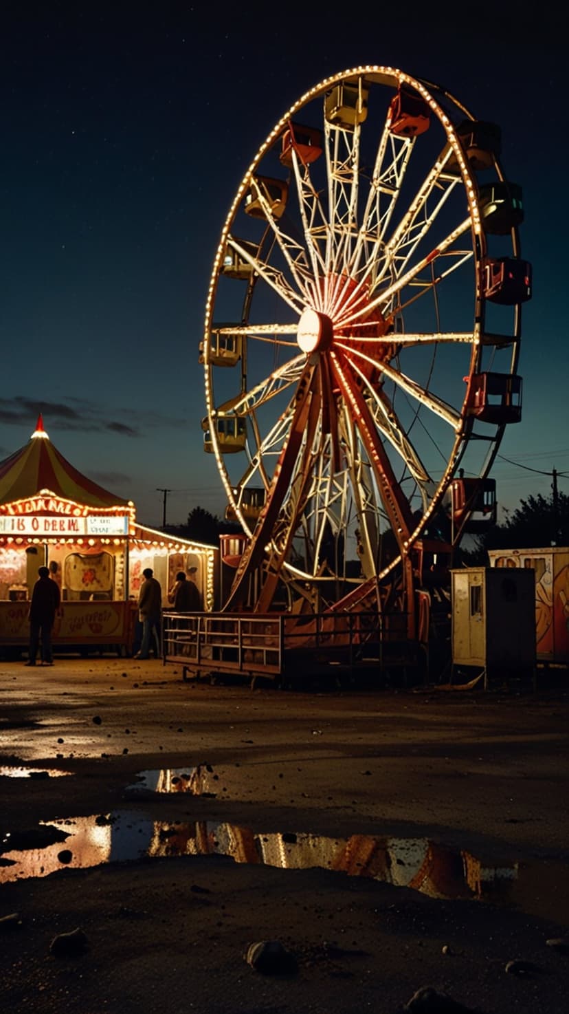 Ferris wheel with glowing gondolas towers over a striped snack booth and people during a rainy night at the fair.