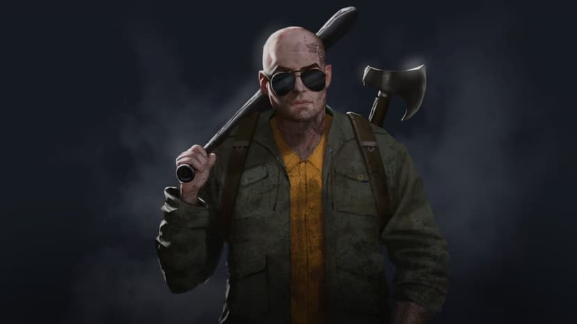 Bald man in sunglasses and green jacket holding a baseball bat and axe against a dark smoky background.