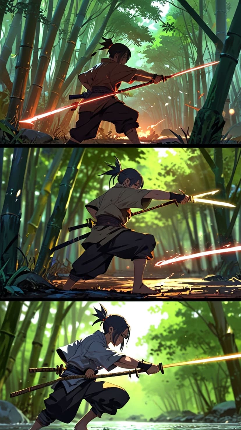 Samurai warrior holding glowing red katanas amidst green bamboo stalks with sunlight filtering through leaves.