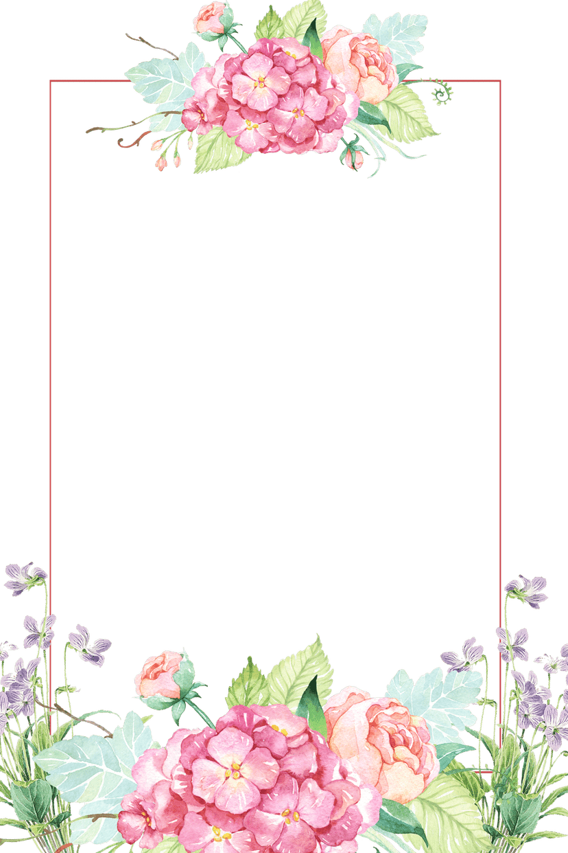 Pink yellow floral border watercolor frame with hand-painted blossoms and green leaves on transparent background.