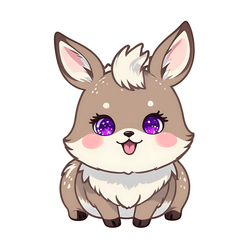 Taupe fawn sticker illustration featuring fluffy white fur accents, purple glitter eyes, and pink rosy cheeks.