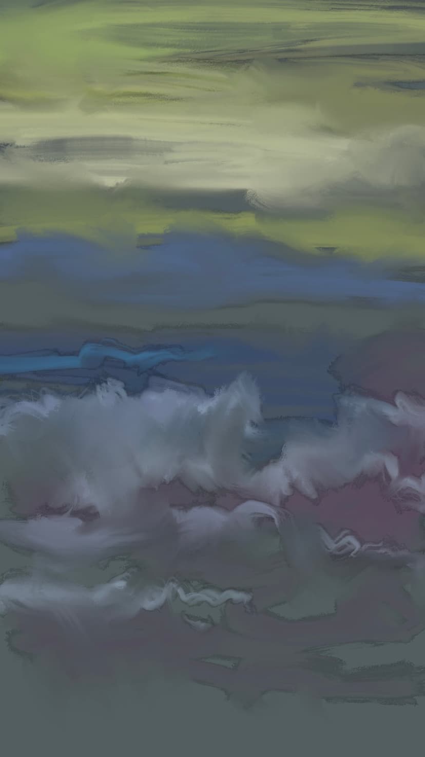 Swirling green and purple clouds with thick brushstrokes create a textured and moody atmospheric sky scene.