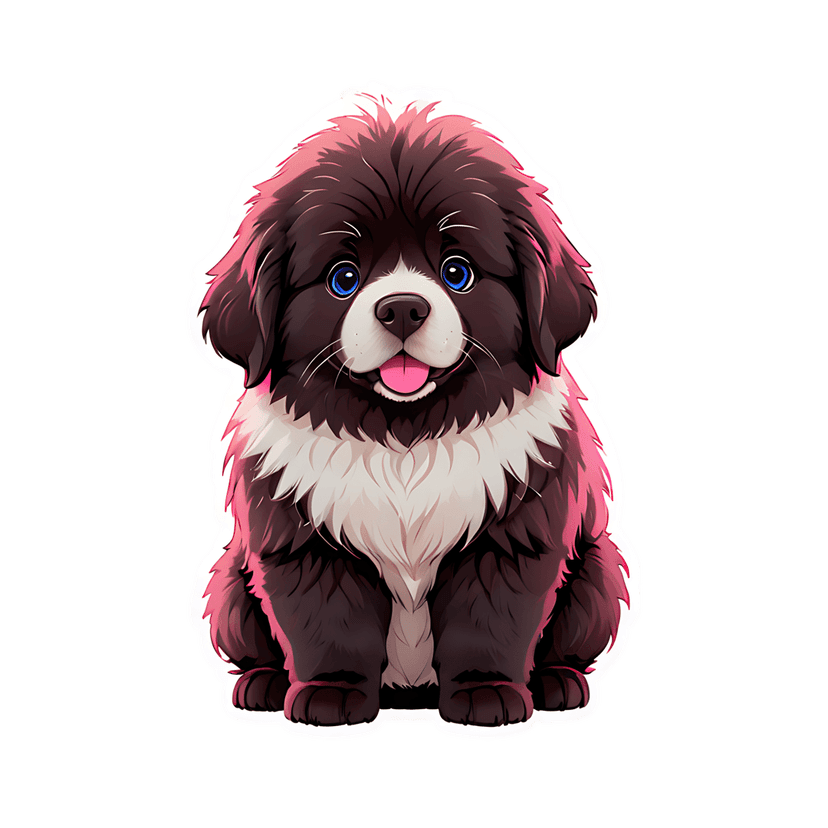 Chocolate puppy sticker with fluffy dark brown fur, blue eyes, and white chest sitting in a front-facing pose.