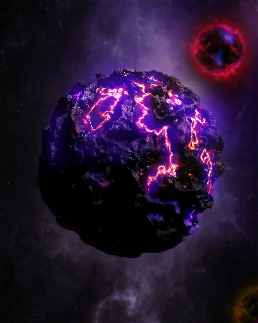 Jagged asteroid with glowing purple cracks floats near a red star and swirling cosmic nebula in deep space.