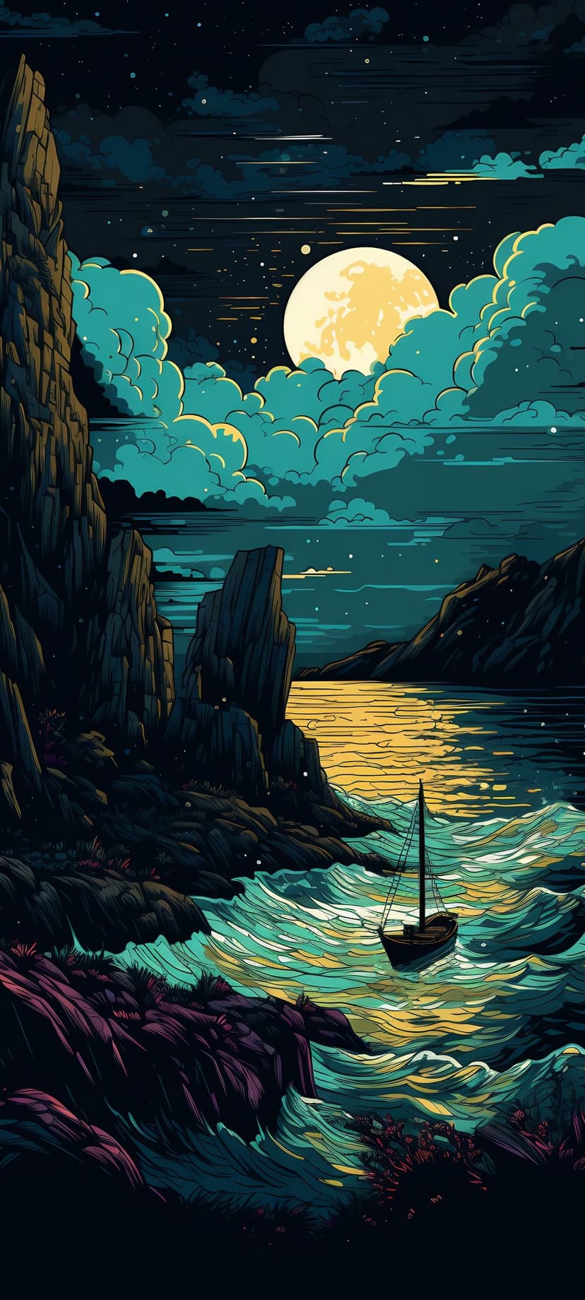 Lone sailboat navigating choppy turquoise waves under a bright full moon and starry night sky near rocky cliffs.