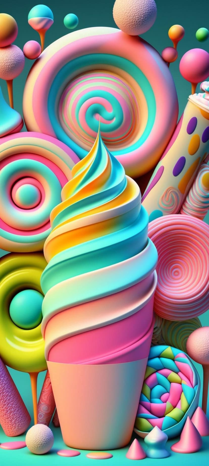 Soft-serve ice cream towers and giant pastel lollipops stand among swirling pink and blue sugary landscapes.