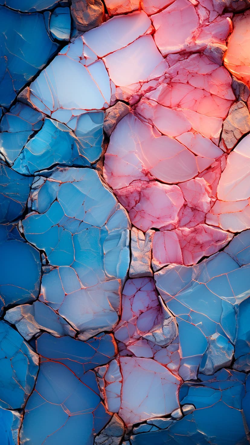 Blue and pink translucent crystal shards with thin red fracture lines weaving through the textured surface.