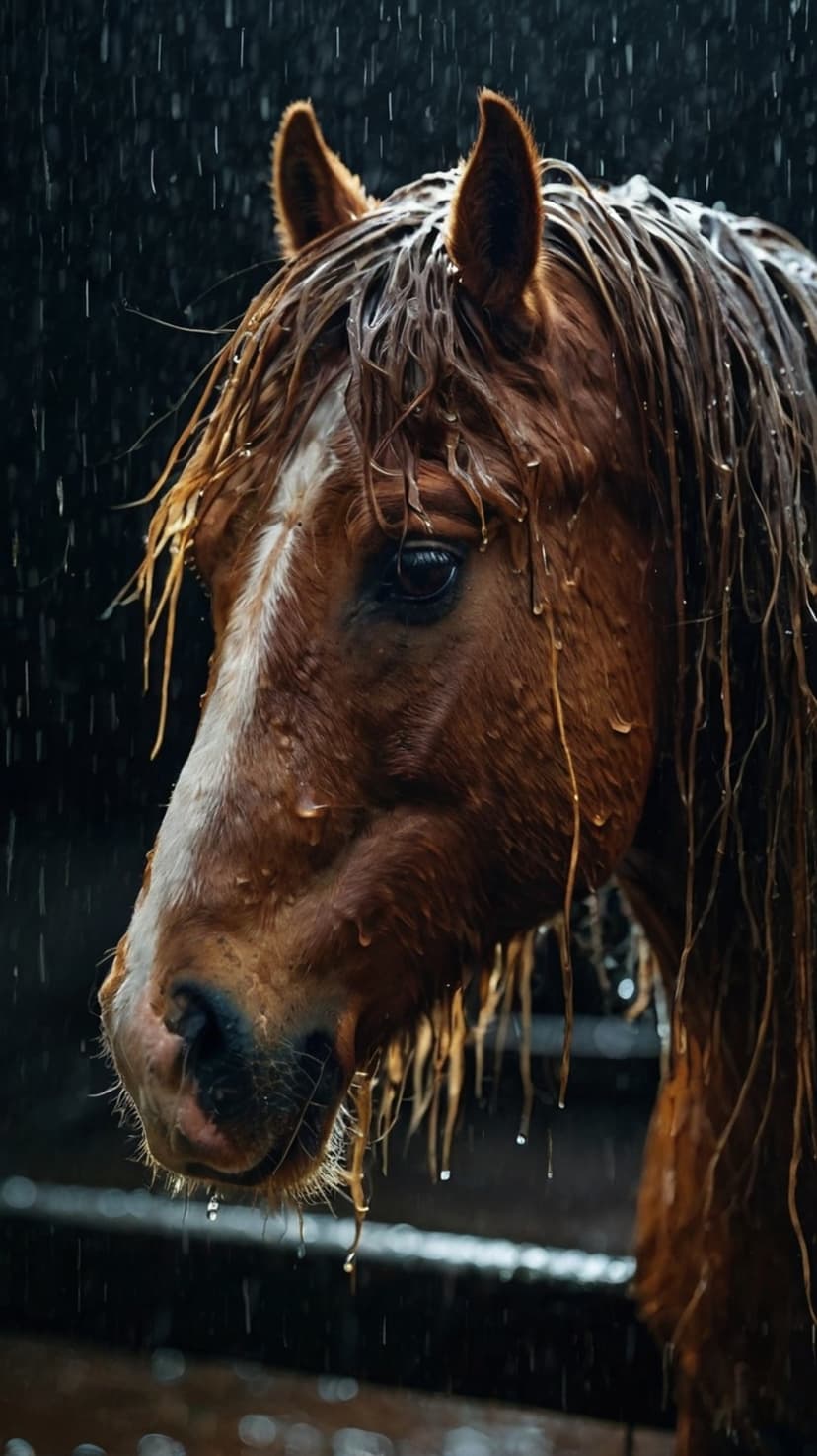 Brown horse face with a white blaze and wet mane during a storm, featuring visible water droplets and a dark background.