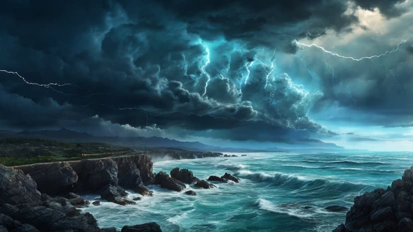Jagged blue lightning bolts strike above churning turquoise waves and dark coastal cliffs during a night storm.