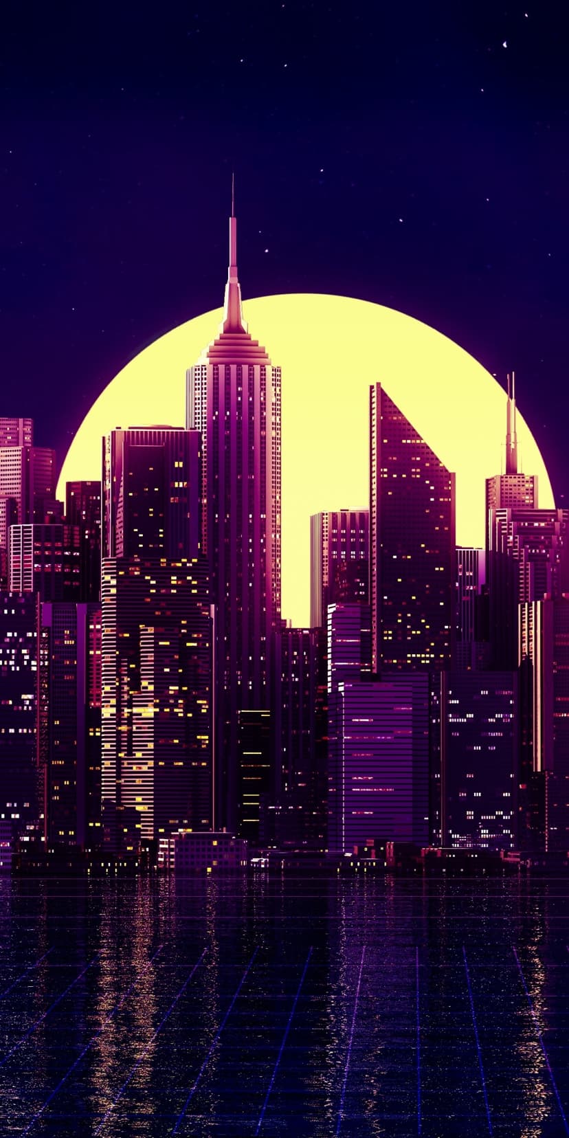 Neon skyscrapers rise against a massive yellow sun with a glowing grid reflection on a dark urban surface.