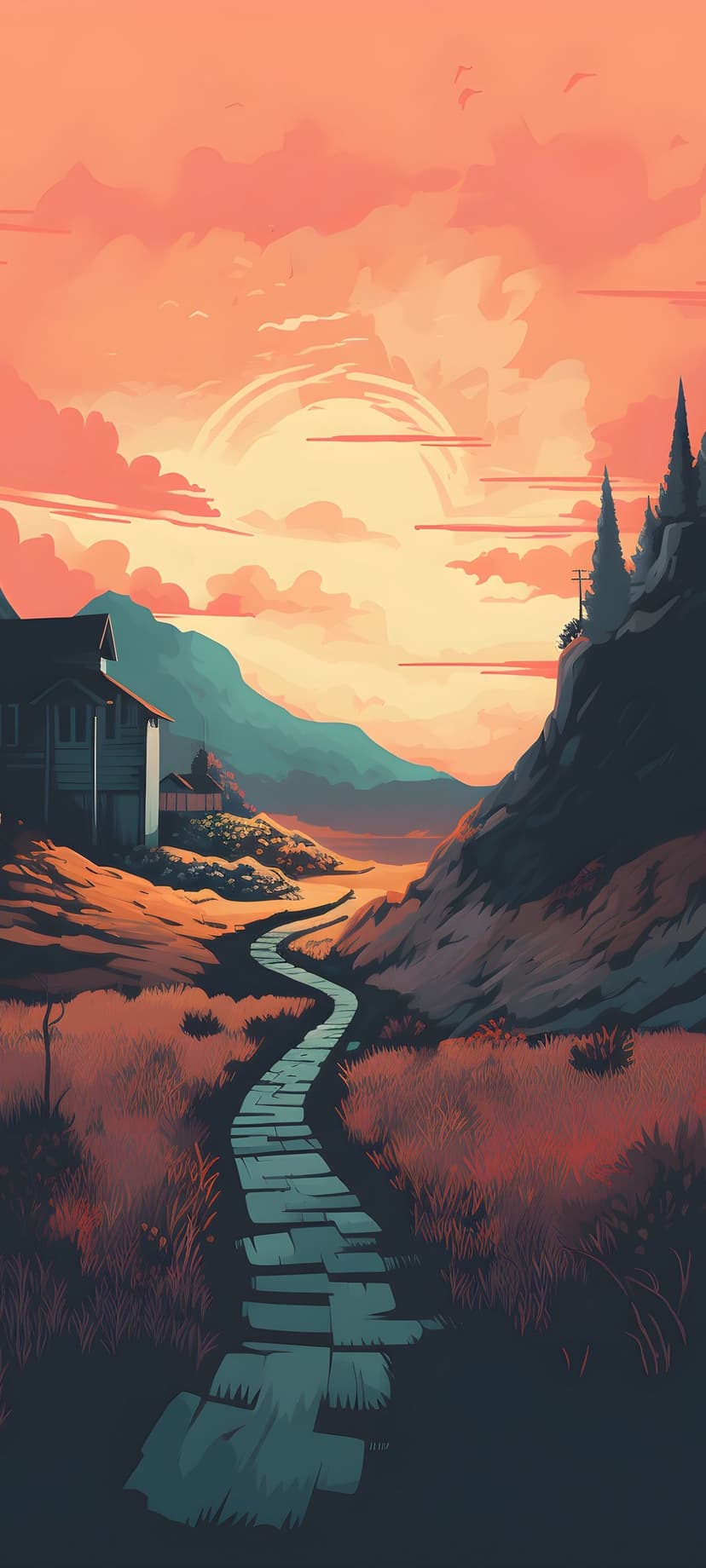 Stone path winding through tall red grass toward a small wooden cabin under a vibrant orange and pink sunset sky.