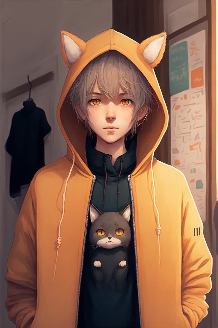 Young man in a bright orange cat-eared hoodie with a small grey kitten peeking out, featuring amber-colored eyes.