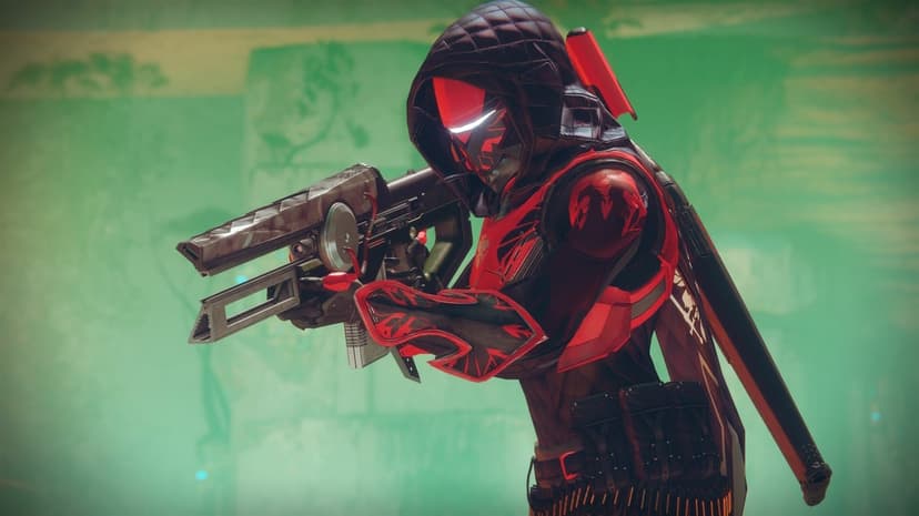 Hunter character in red armor holding Divinity rifle against a hazy green background in a side-profile view.