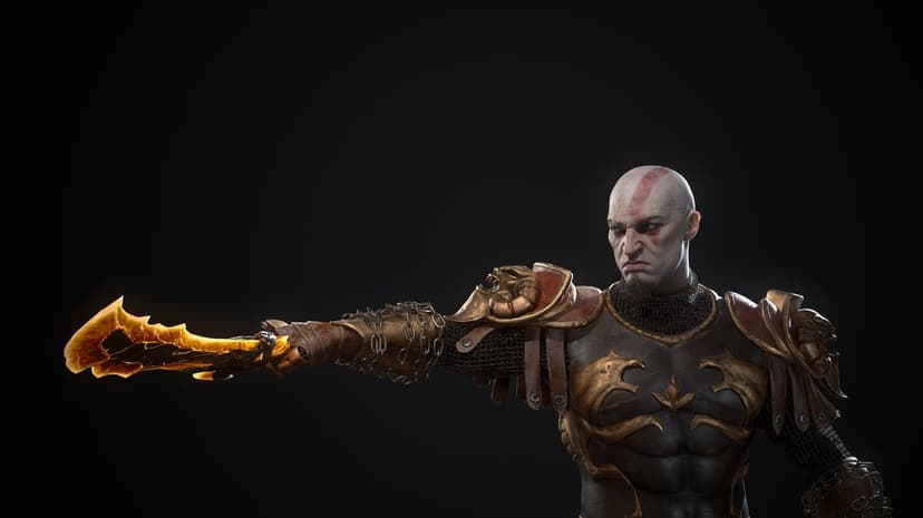 Kratos in ornate golden armor extends a glowing flaming blade against a black background in a cinematic pose.