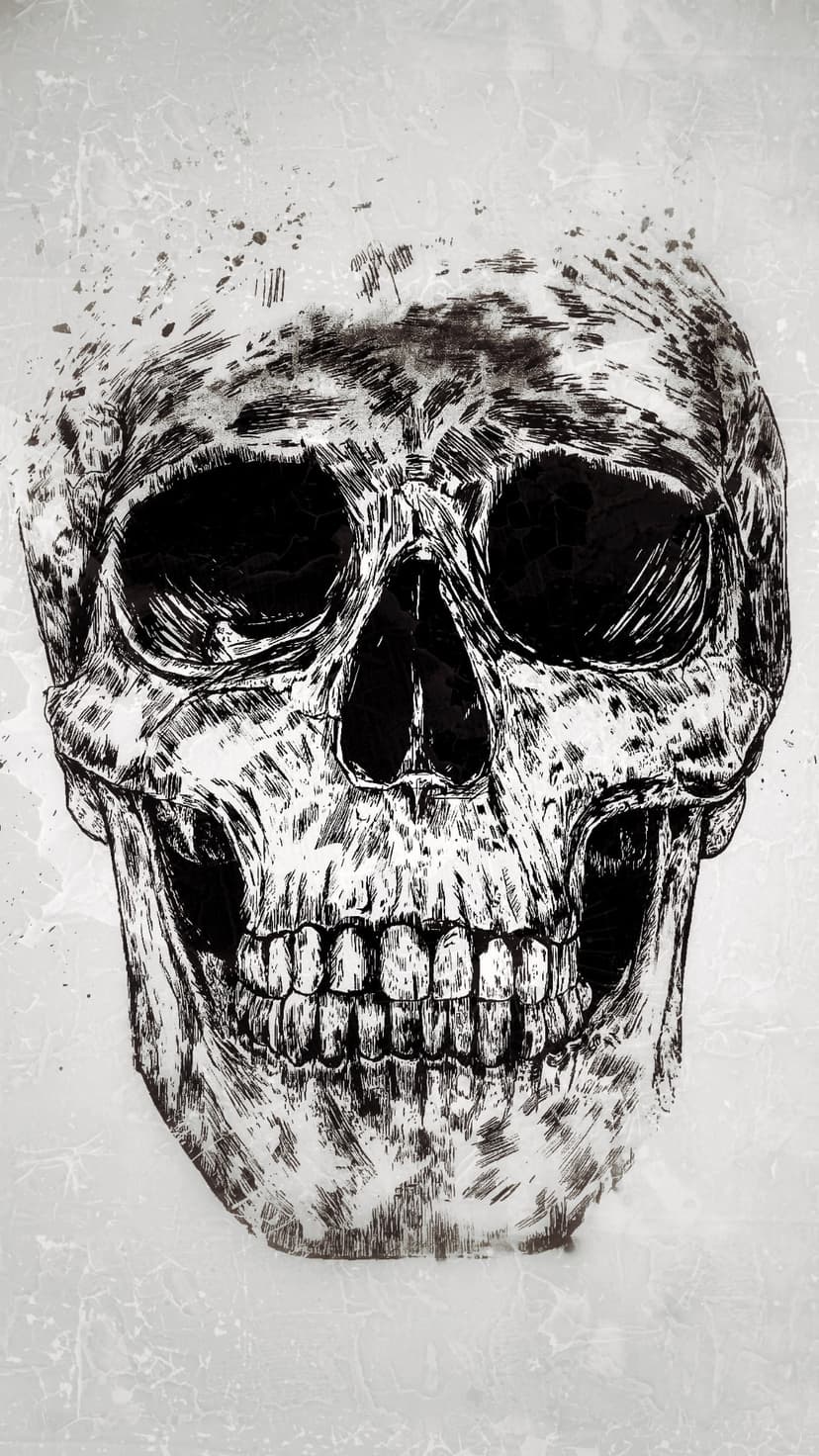 Human skull with dark ink splatters, deep black eye sockets, and weathered bone textures against a white backdrop.