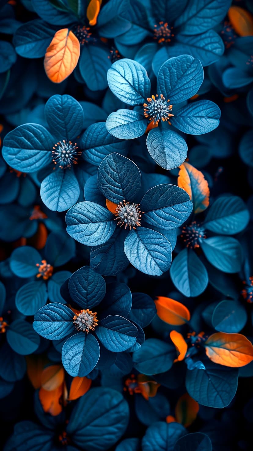 Blue flower petals with detailed centers next to bright orange leaves against a dark, shadowy background.